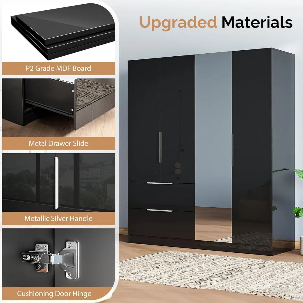 Ticify High Gloss Wardrobe With Mirror Four Doors Drawers