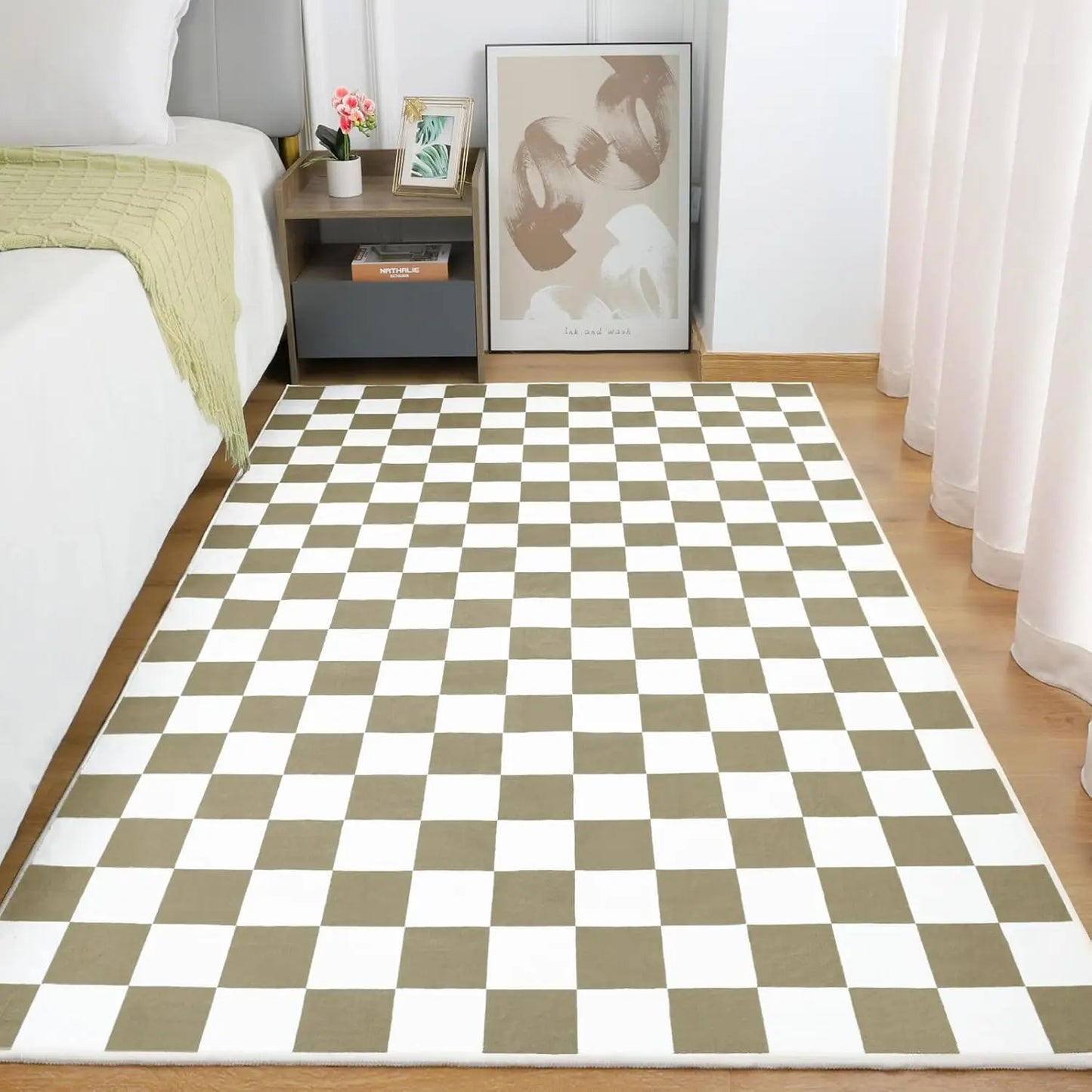 Noahas Checkered Geometric Rug Non Slip Low Pile Washable