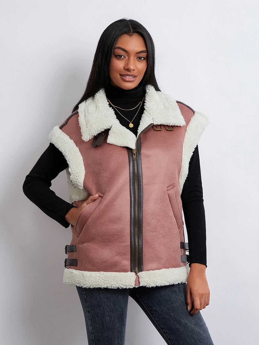 Meihuida Ladies Cozy Faux Fur Vest Quilted High Neck Coat