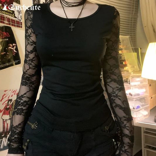 Suchcute Gothic Lace Crop Top For Women Long Sleeve Tee