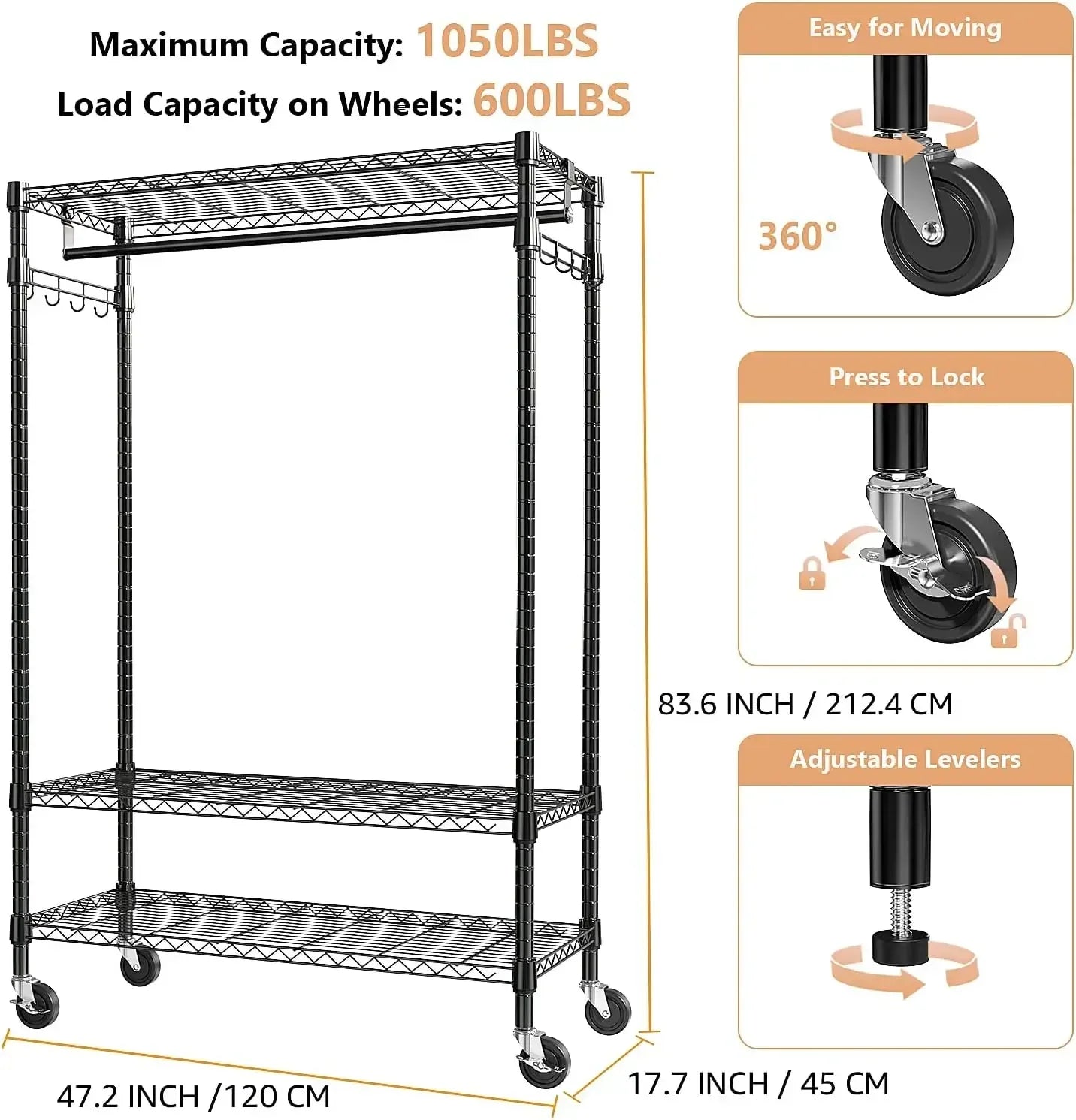XMSJ Heavy Duty Rolling Garment Rack With 3 Tiers Rods