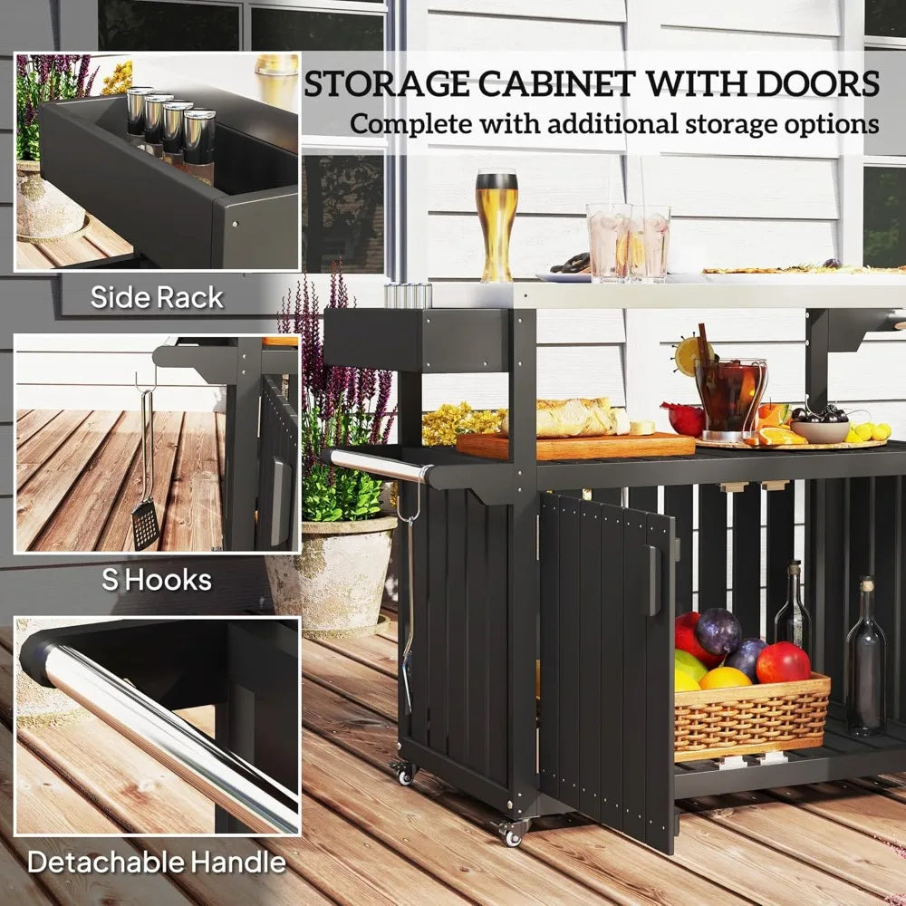 Outdoor Bar Cart With Storage Cabinet Movable Patio Beverage Table