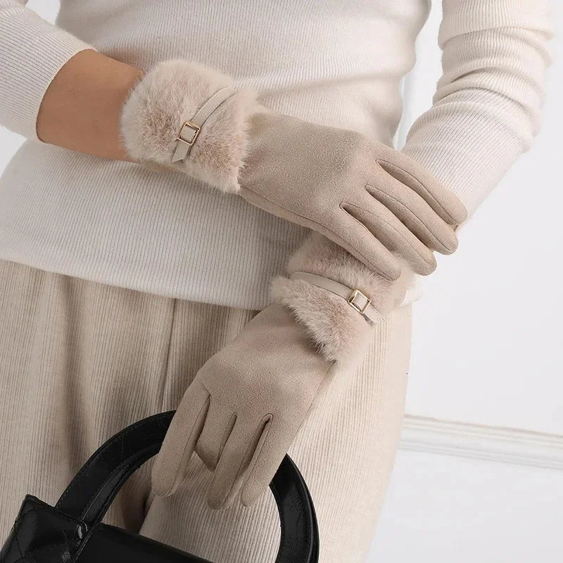 NONECN Winter Plush Warm Touch Screen Gloves For Women Windproof