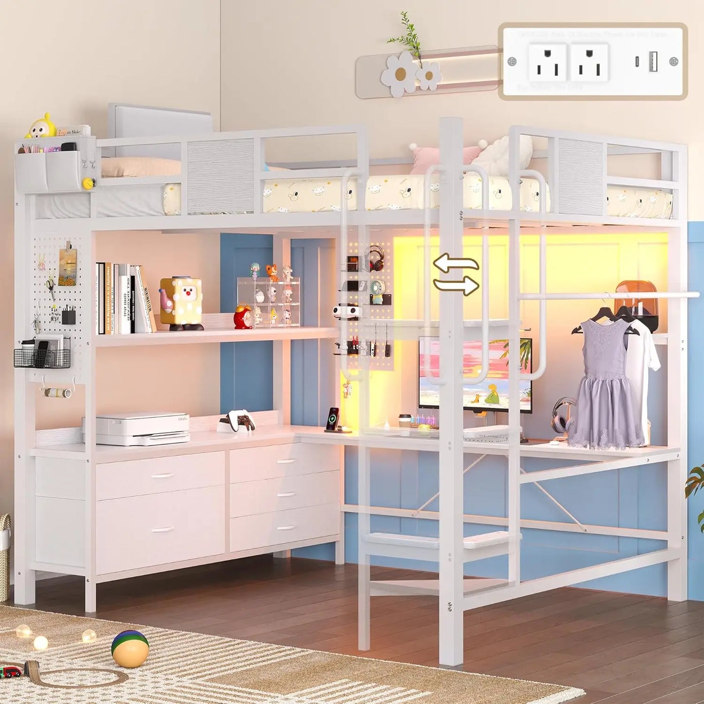 Loft Bed Desk With 5 Drawers Heavy Metal Charging Station and Pegboard