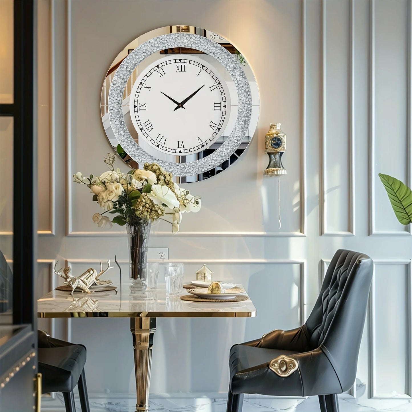 Wisfor Decorative Round Mirror Wall Clock With Crystal Sparkle Bling