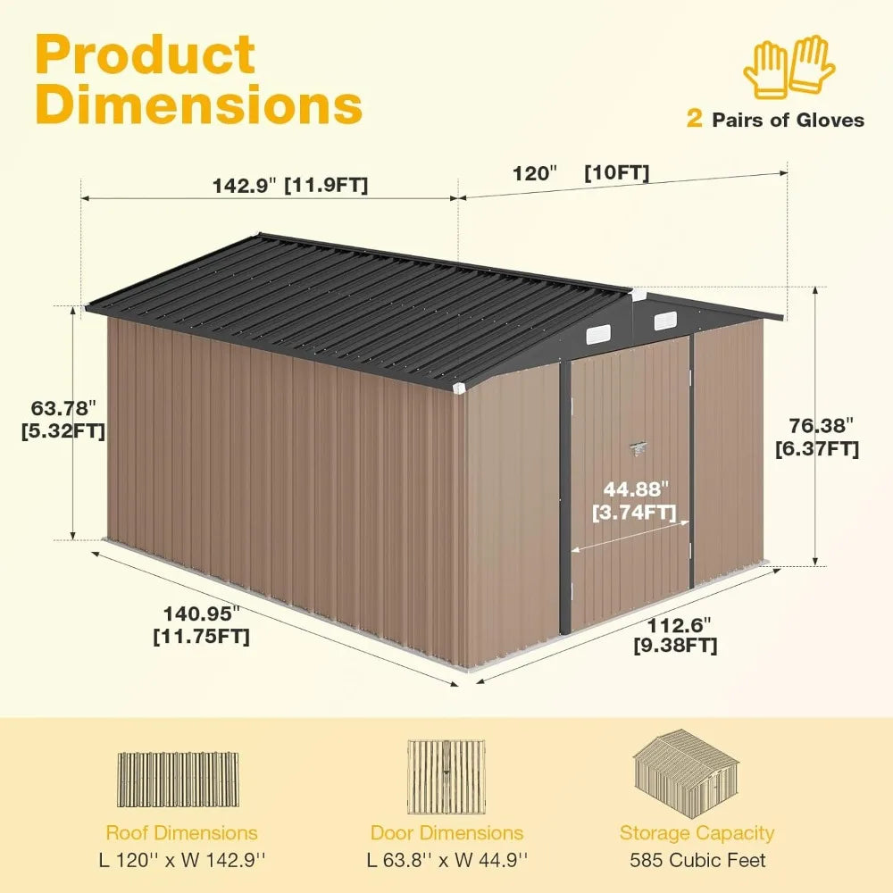 Outdoor Storage Shed Galvanized Metal With Lockable Double Doors