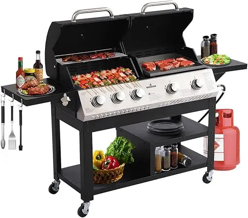 5 Burner Propane Gas Grill Griddle Combo Dual Zone BBQ