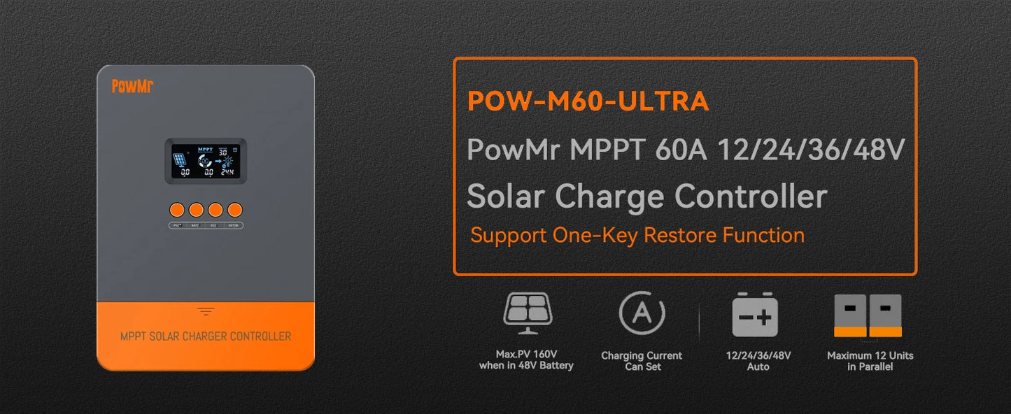 PowMr MPPT 60A Solar Charger Controller 160VDC Max PV Input