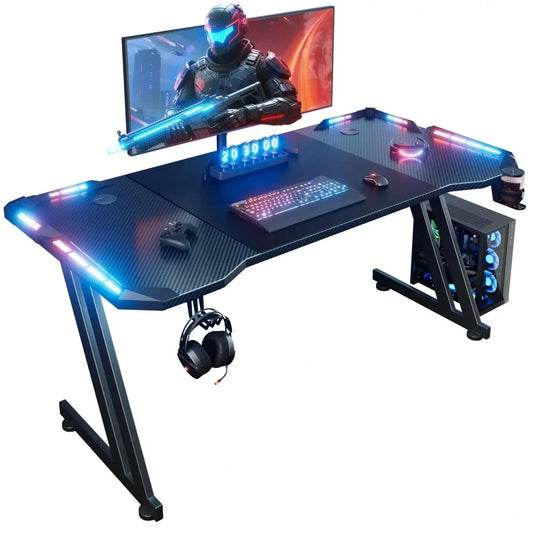 XMSJ Gaming Desk With LED Lights Carbon Fiber Surface