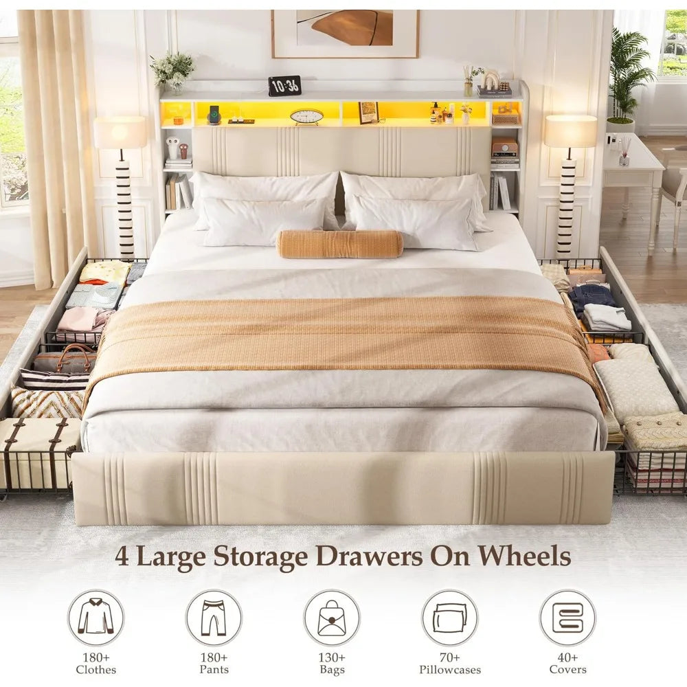 EnHomee Upholstered Bed Frame With Four Storage Drawers