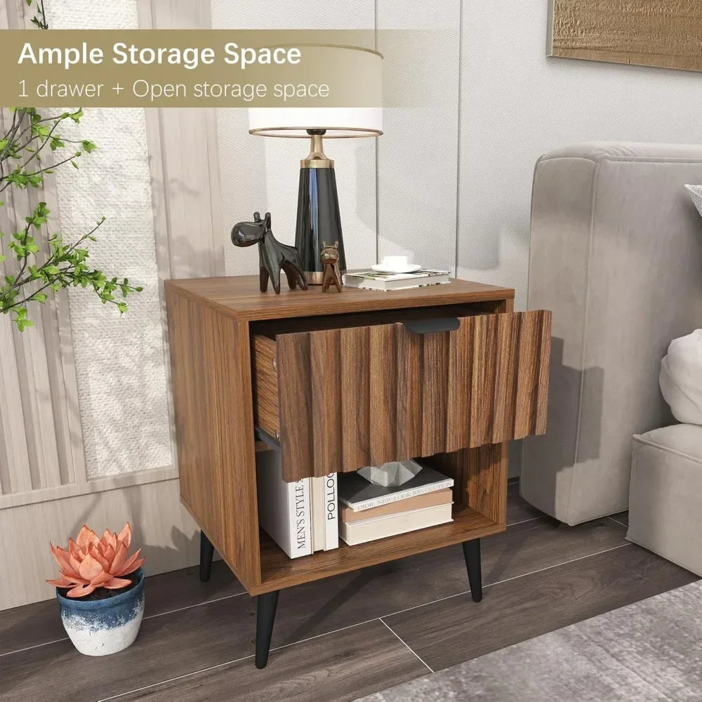 ANGDUO Fluted Nightstand With Drawer And Open Storage