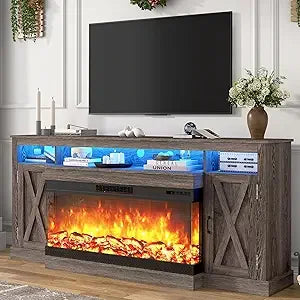 Farmhouse TV Stand With Glass Fireplace LED Entertainment Center
