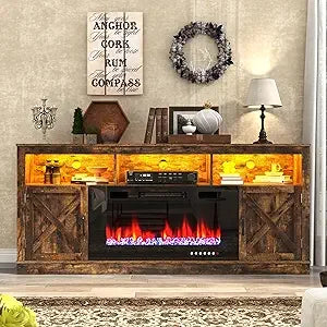 Farmhouse TV Stand With Glass Fireplace LED Entertainment Center