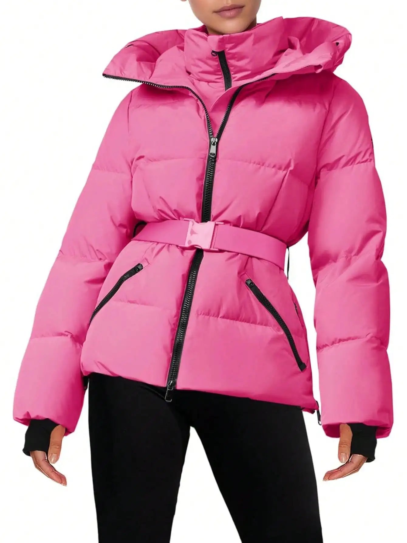 Fisoew Women's Belted Puffer Jacket Waterproof Hooded Coat
