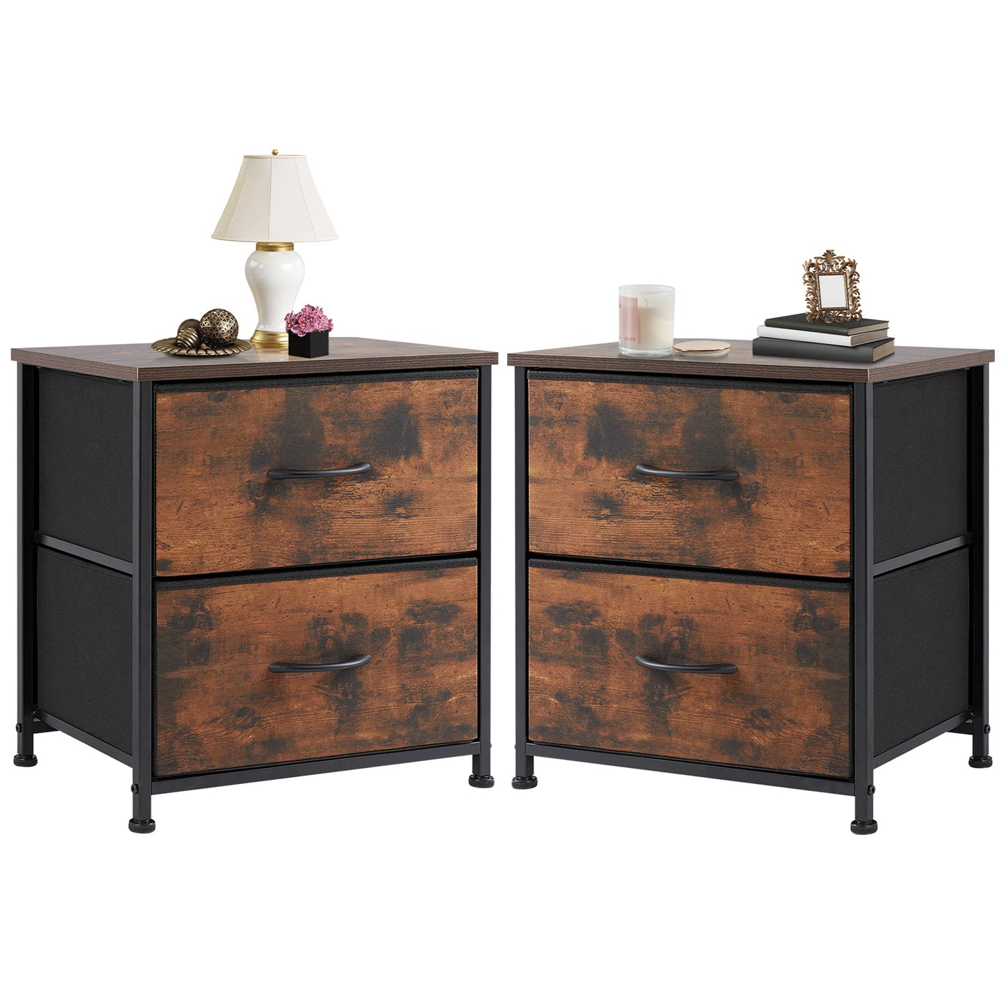JHK Nightstand Bedside Table With Fabric Drawers Storage Cabinet