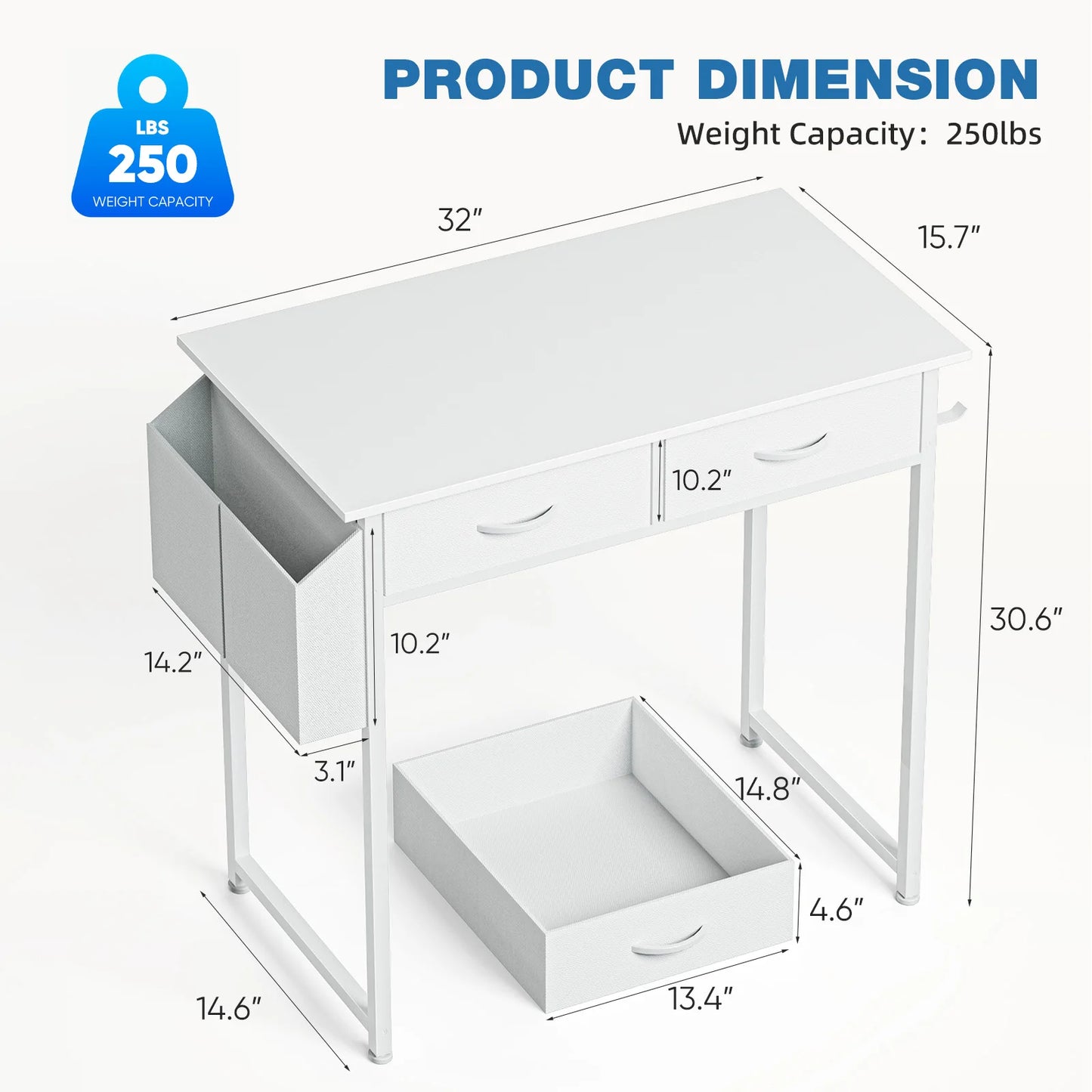 JHK Modern Office Desk With Fabric Storage Drawers Metal Frame
