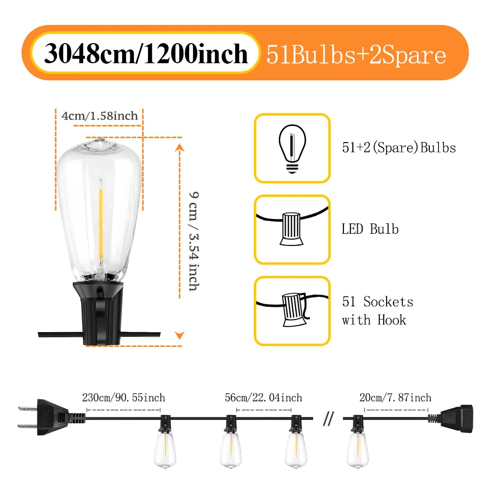 Aiopp LED Outdoor String Lights Shatterproof ST38 2200K