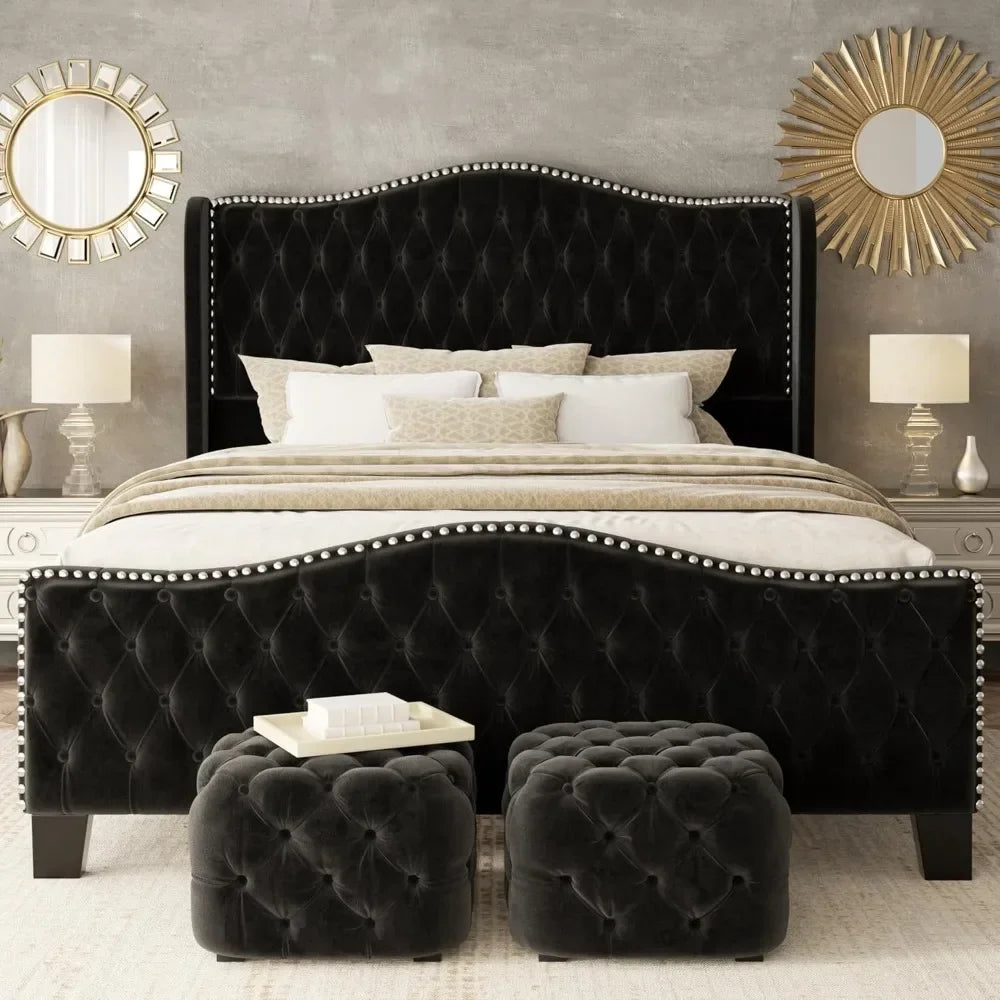 Platform Bed Frame With Upholstered Wingback Headboard