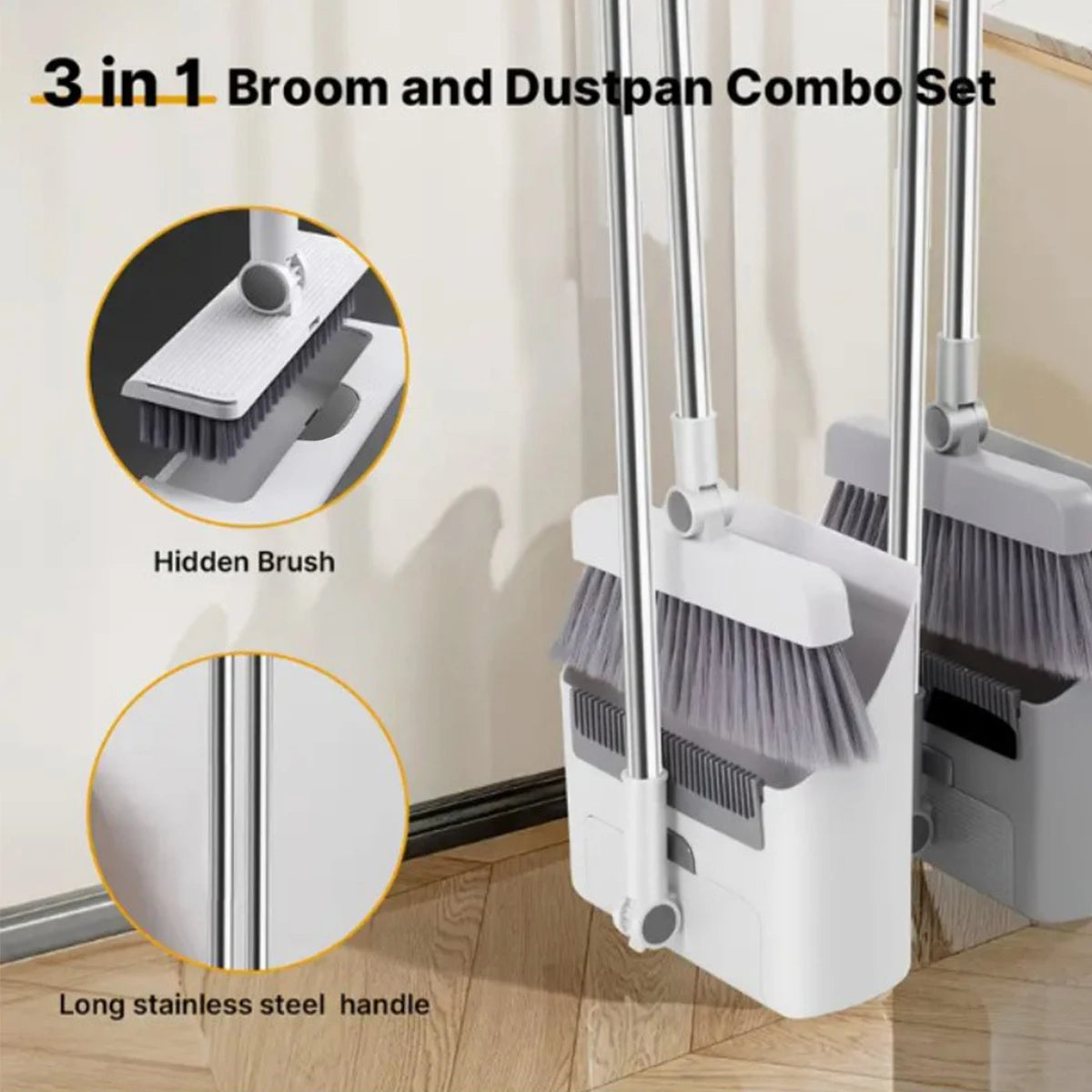3-In-1 Broom And Dustpan Set For Home Office Dorm Cleaning
