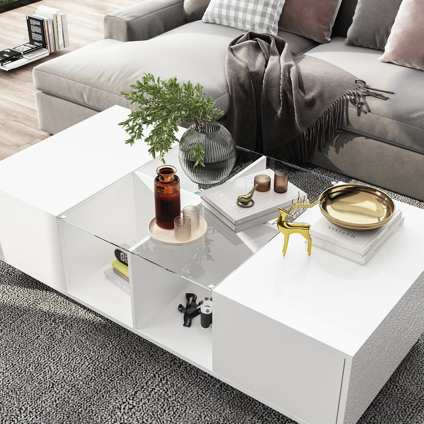 FUFU&GAGA Modern Coffee Table With LED Lighting And 2 Drawers
