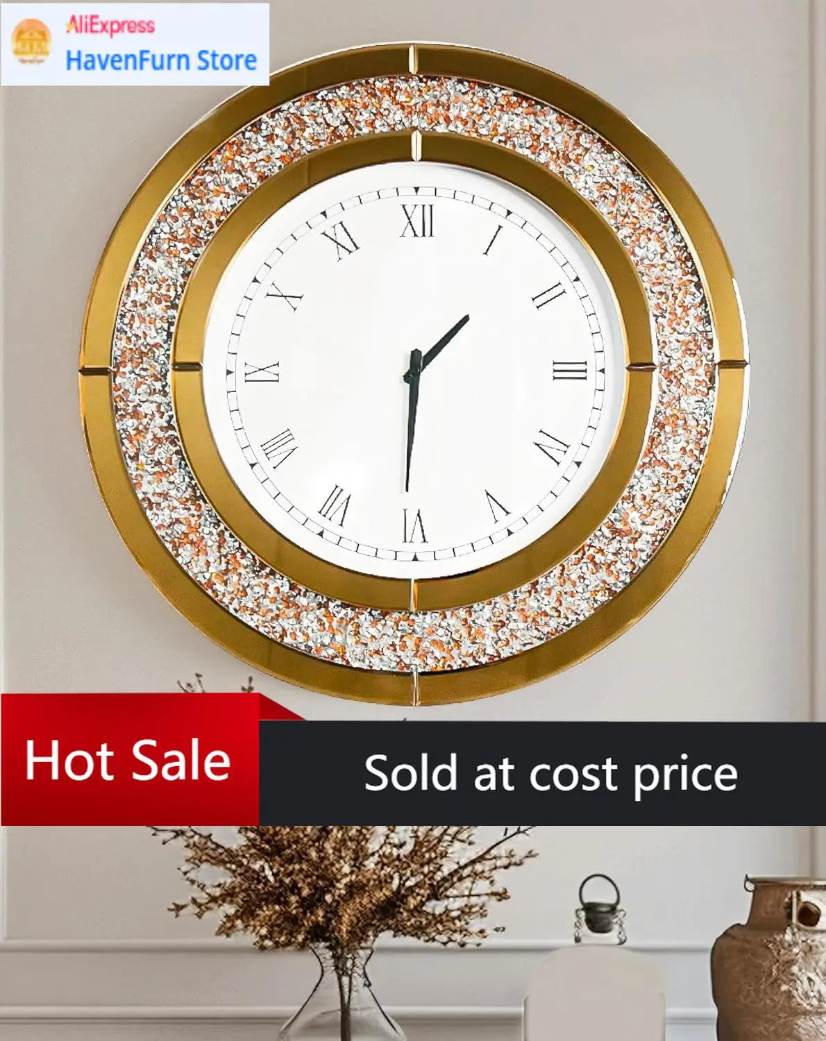 Round Crushed Diamond Wall Clock With Mirrored Surface