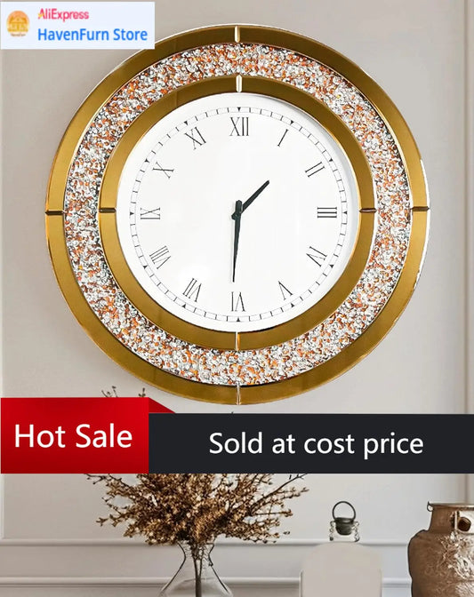 Round Crushed Diamond Wall Clock With Mirrored Surface