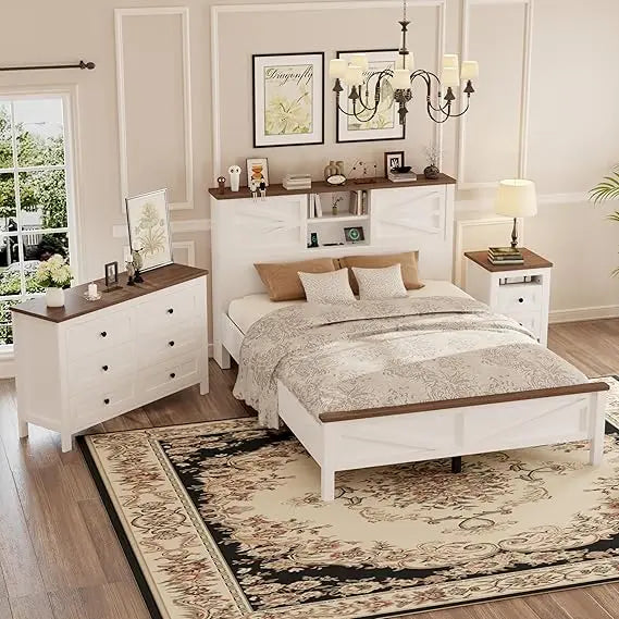 RBXC Farmhouse 3 Piece Bedroom Platform Bed With Storage