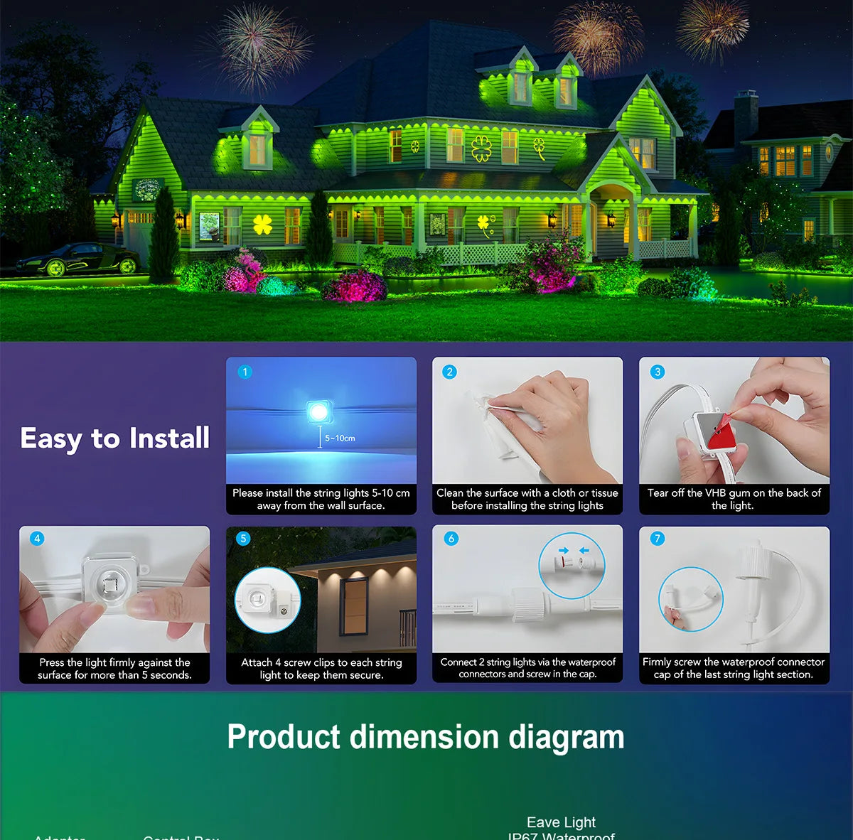 MIMIRGB Eaves Lights Outdoor LED String Strip Bluetooth App Control