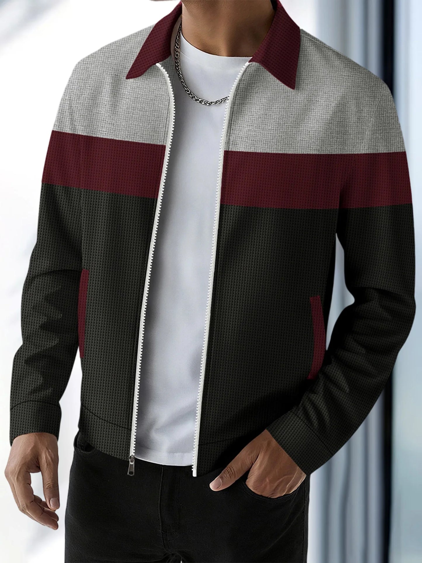 Guangdong Mens Casual Zip Up Jacket With Patchwork Design Pockets Lapel Collar