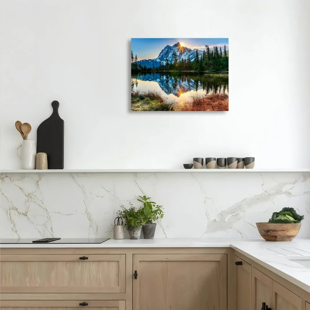 Hign-concerned Sunrise Mountain Wood Frame Wall Art Fabric