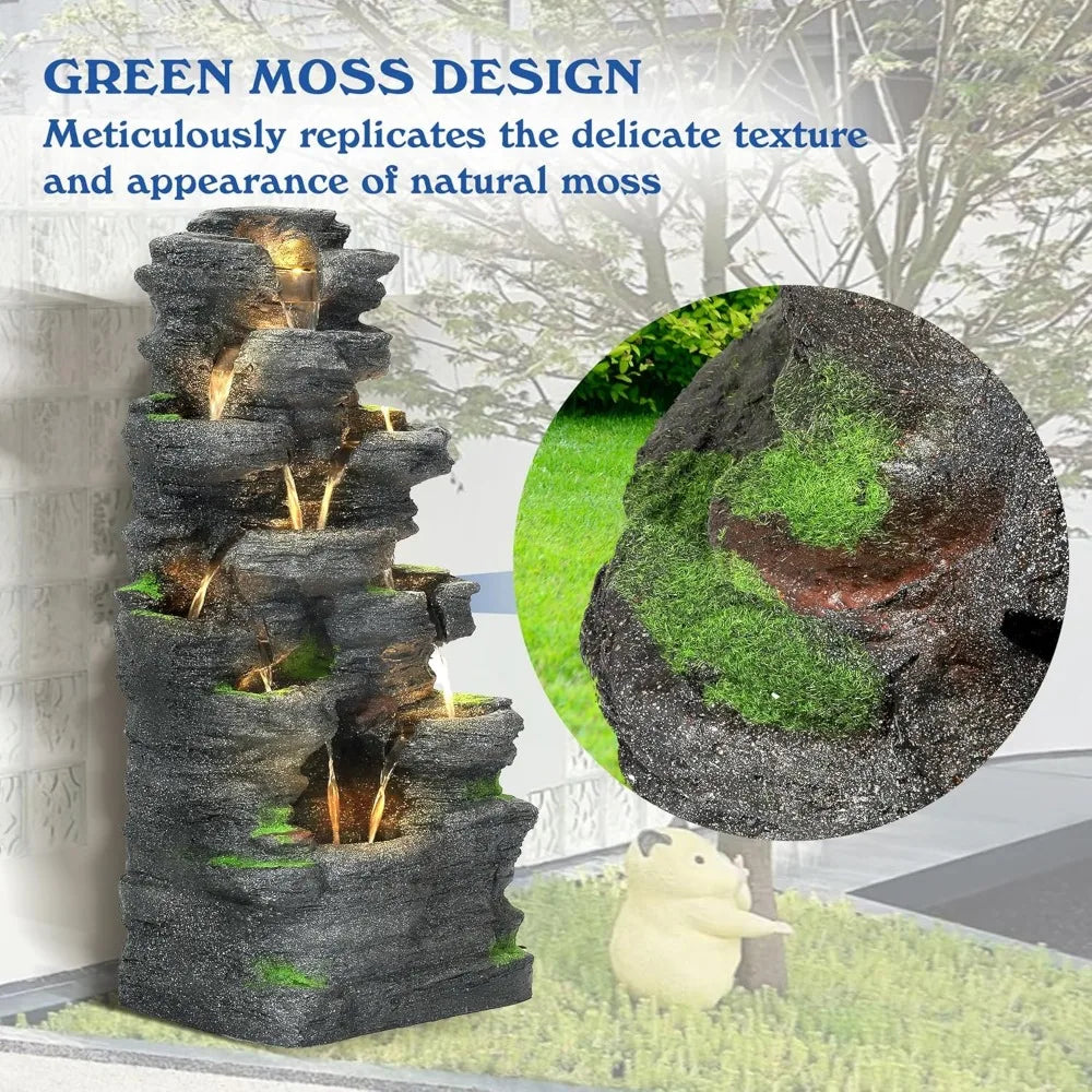 TOBYUL Garden Waterfall Fountain Resin LED Outdoor Decor