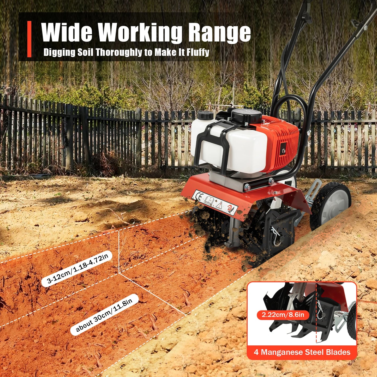 52cc Garden Tiller Petrol Engine 1700W Cultivator Rotovator