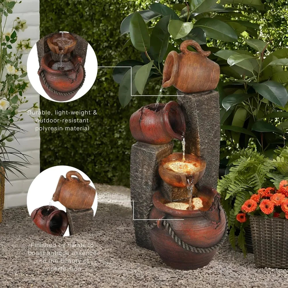 Outdoor Water Fountain Cascading Lights Rustic Garden Decor