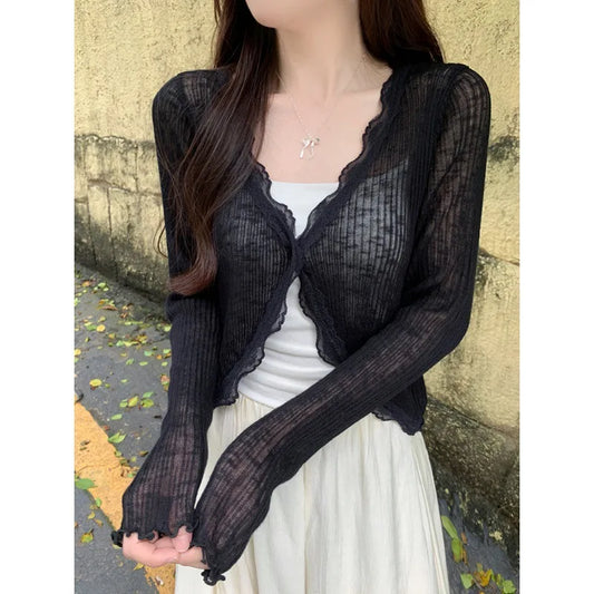 Dawndesslo Lace Trim Open Front Knit Cardigan For Women