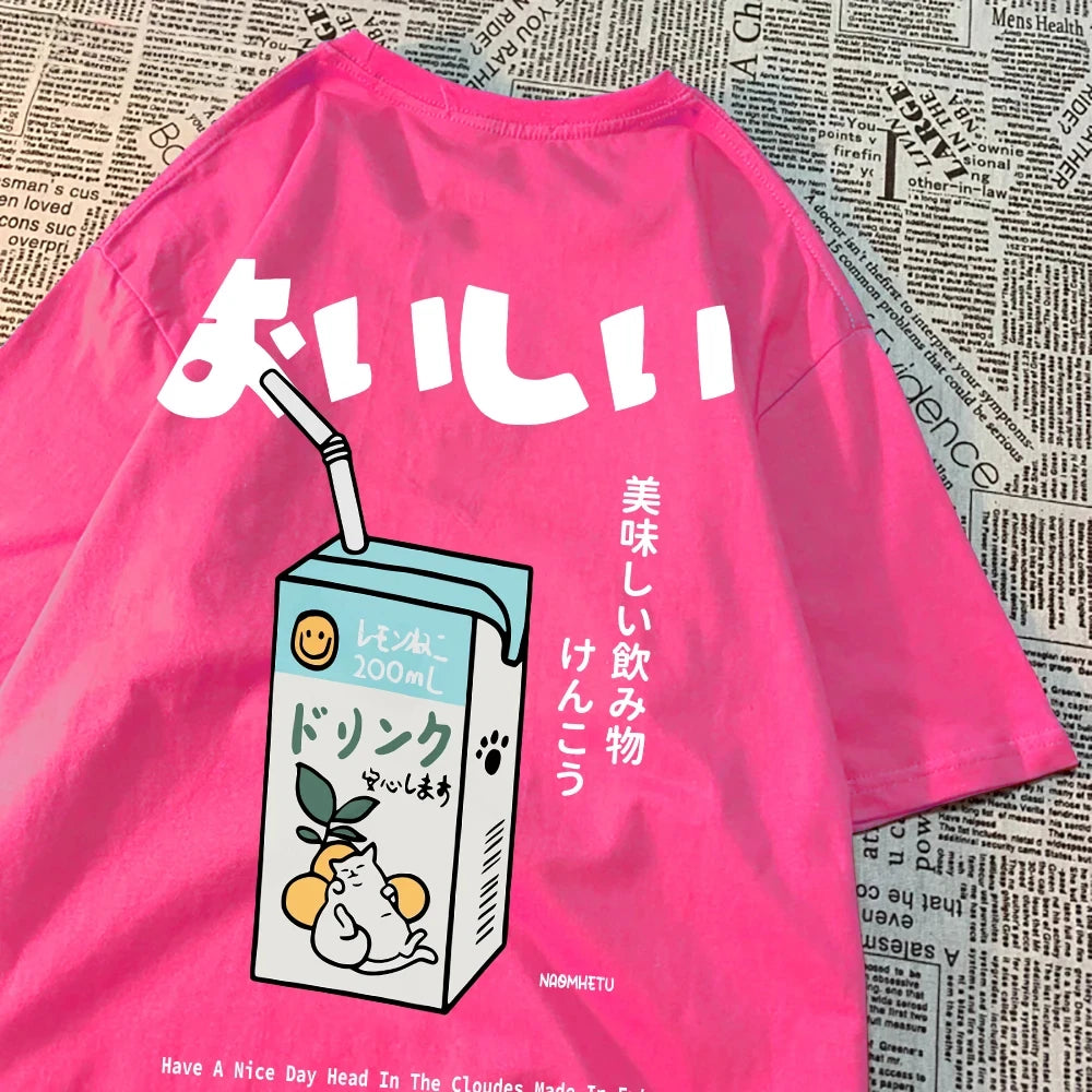 Hampson Lanqecn Cute Japanese Cat Print Tee Shirt Casual