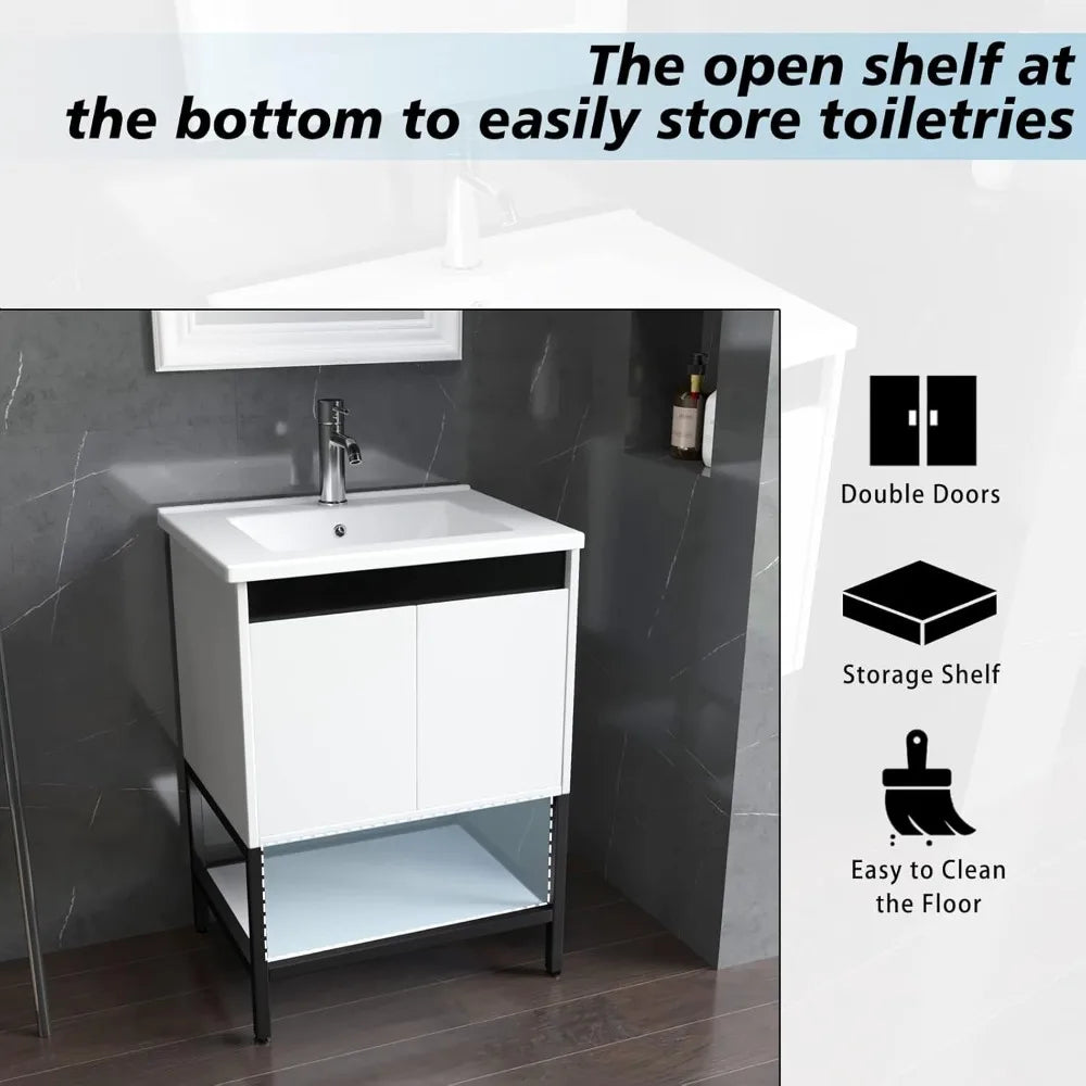 Ceramic Sink Vanity With Modern Chrome Faucet For Bathroom