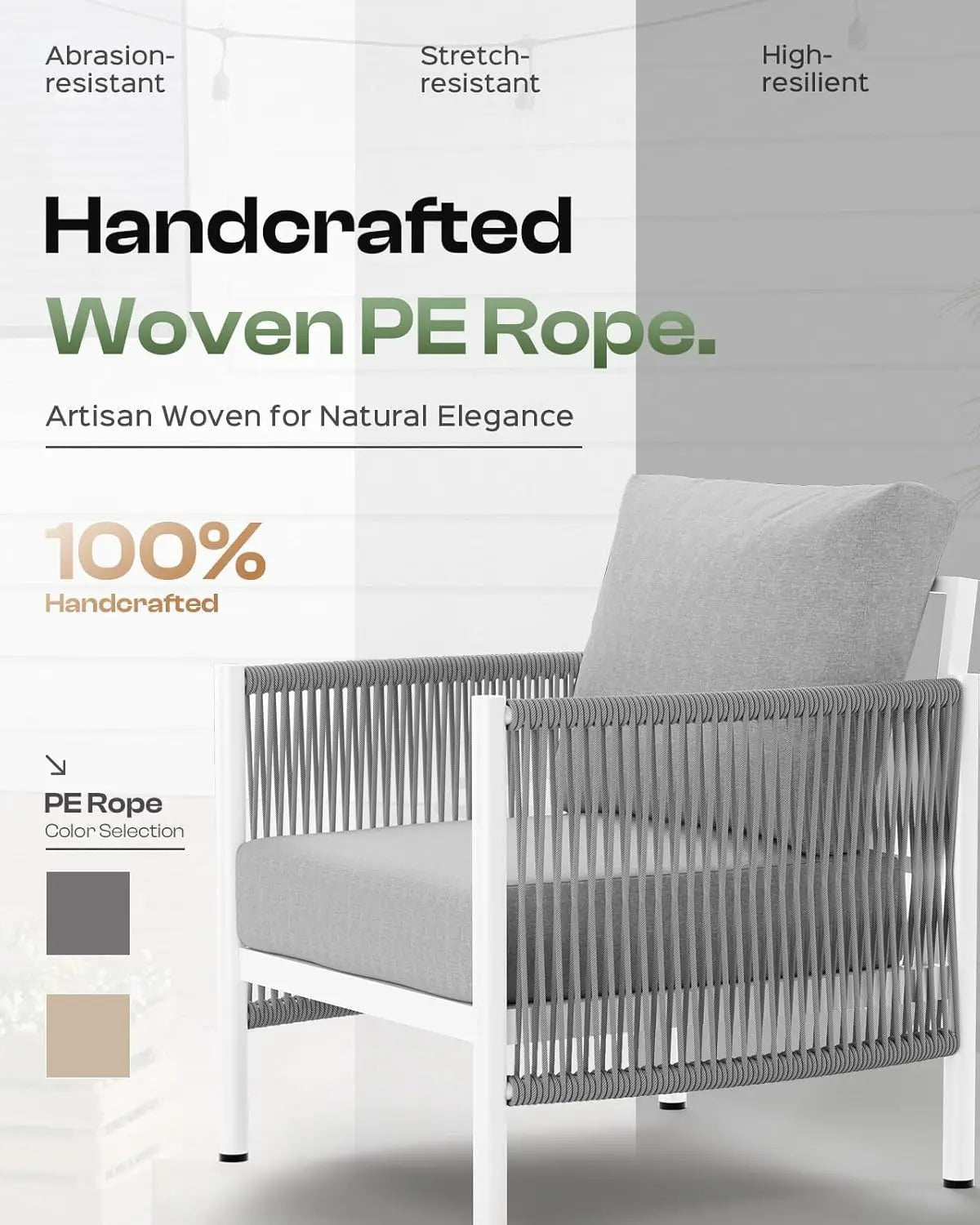Aluminum Outdoor Patio Couch HDPE Rope Sofa With Washable Cushions