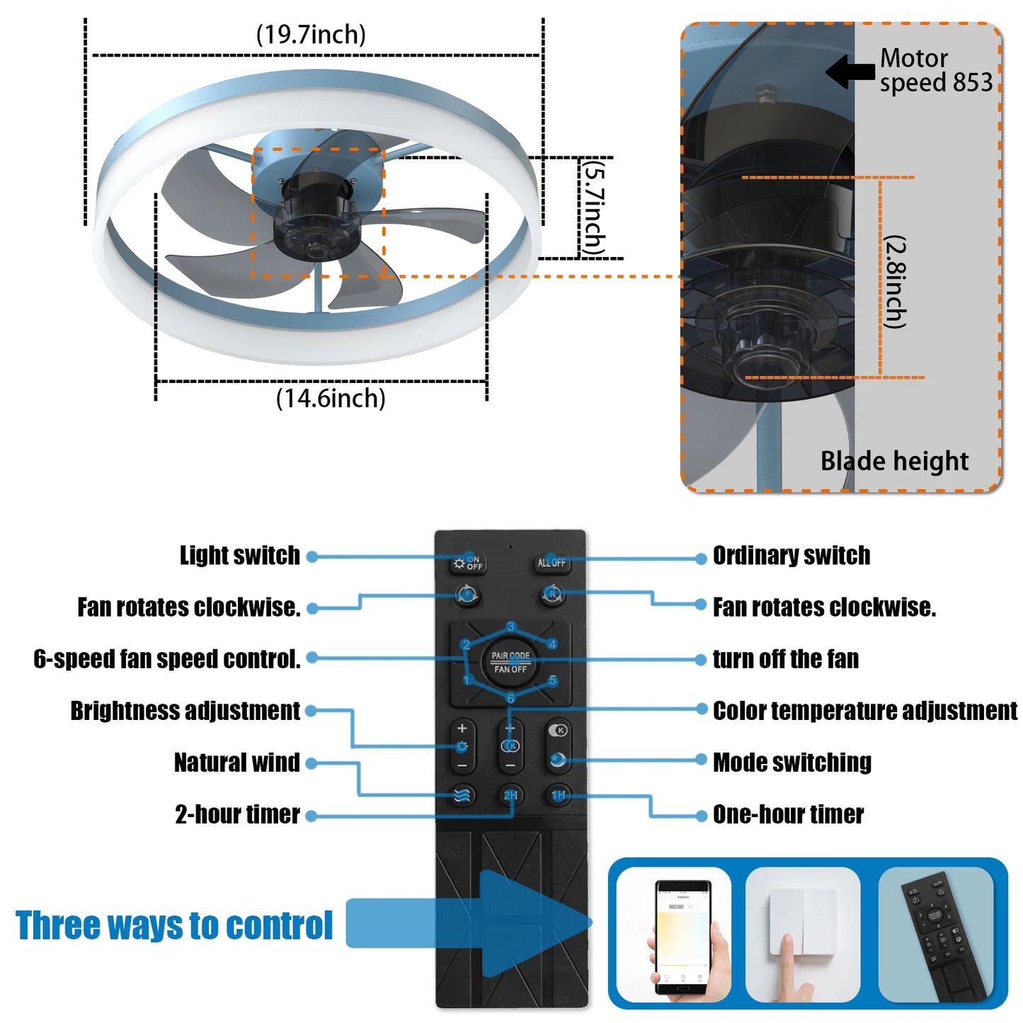ARLGSITE LED Ceiling Fan With Remote Control Light