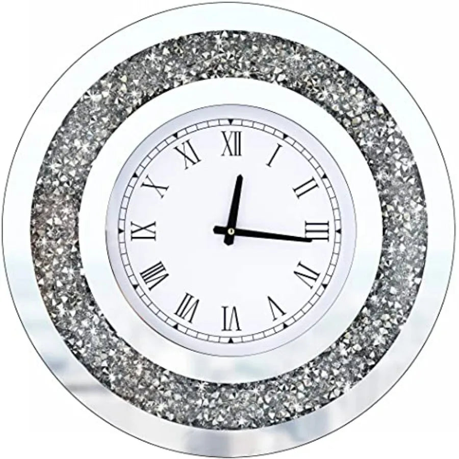 Silver Round Mirror Clock Crystal Sparkle Wall Decor