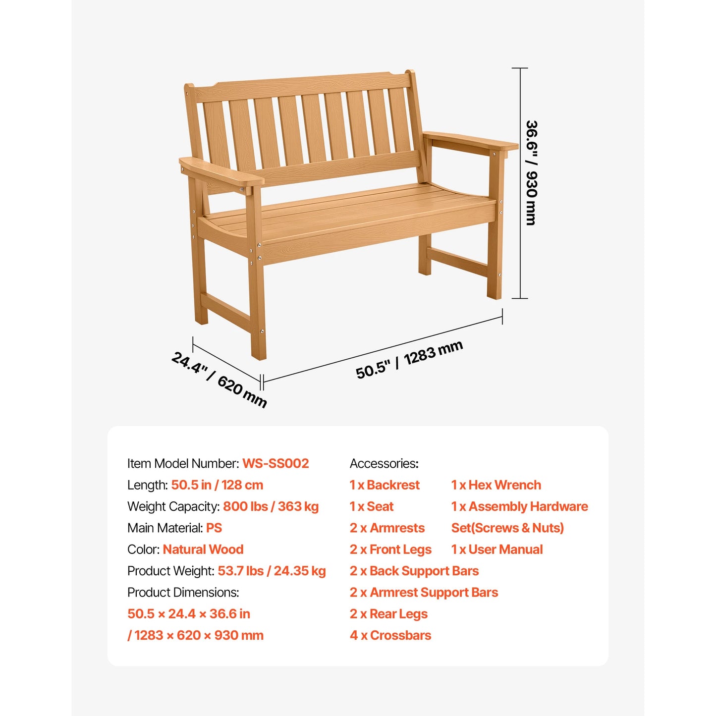 SucceBuy Outdoor Wooden Metal Garden Bench Load Capacity 480 Lb