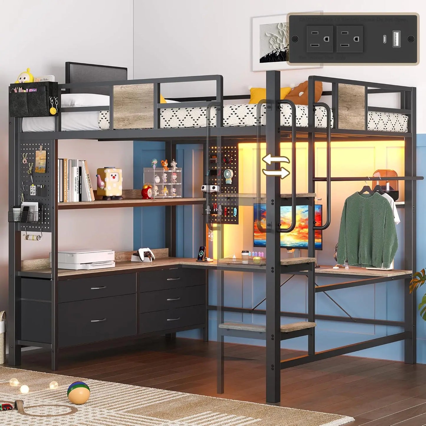 Loft Bed Desk With 5 Drawers Heavy Metal Charging Station and Pegboard