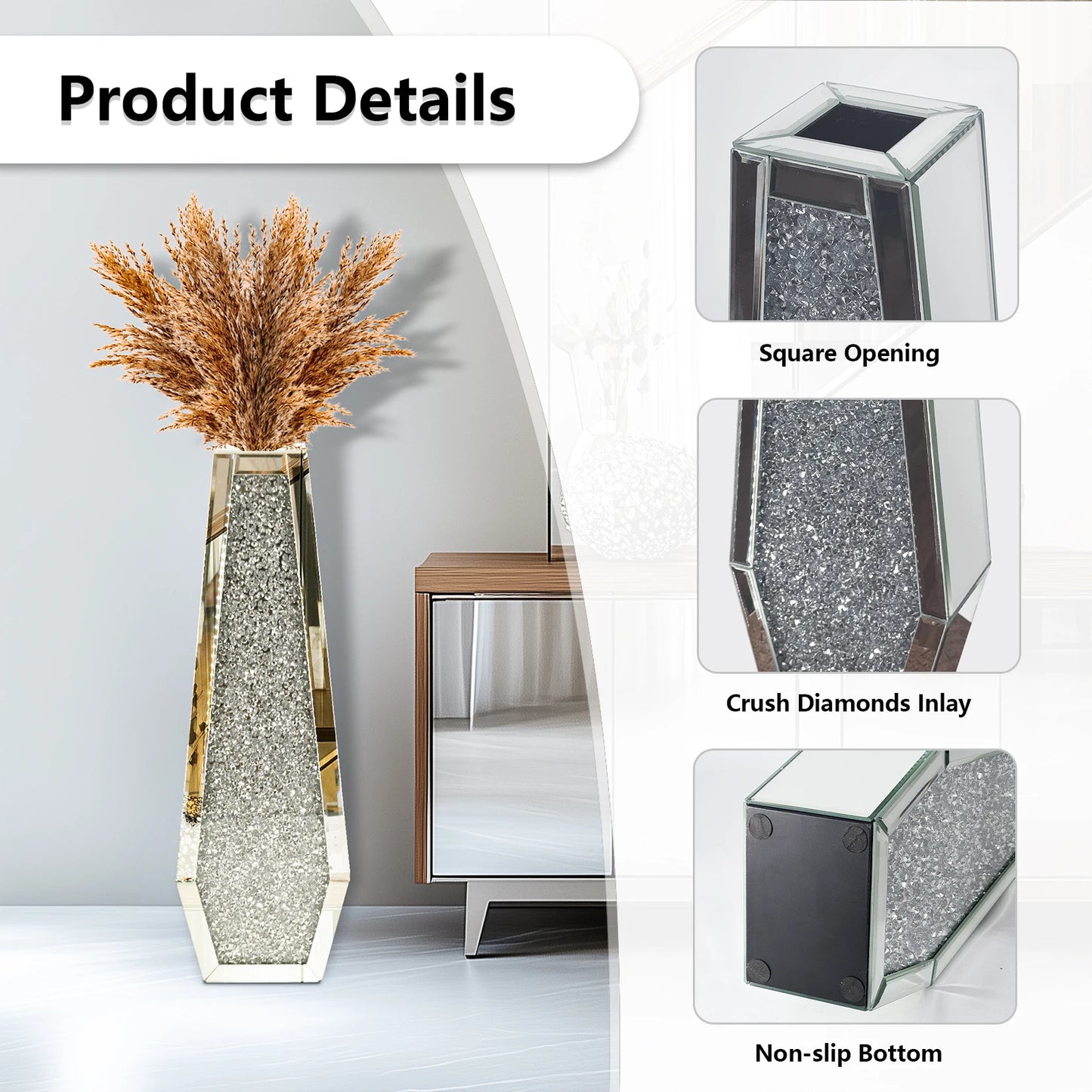 Function Crushed Diamond Mirrored Floor Vase Crystal Glass