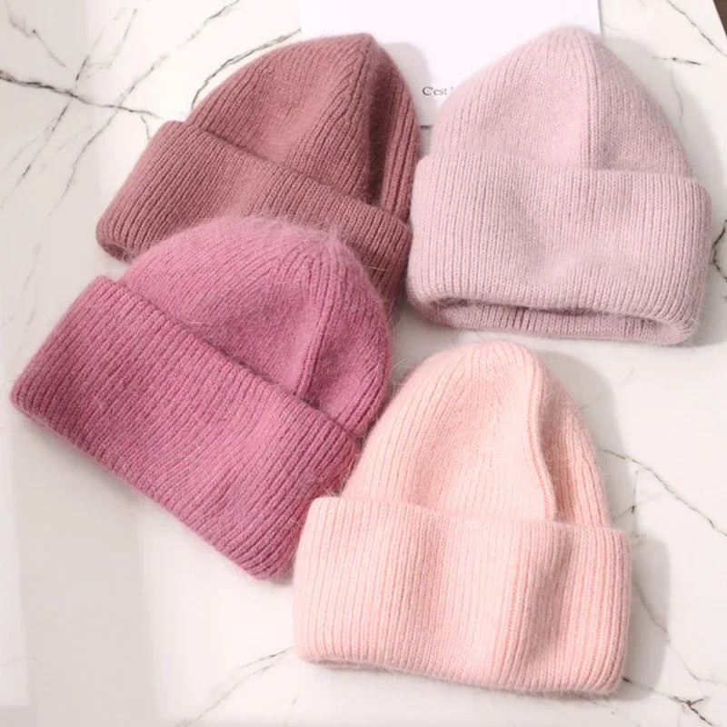 Warm Cashmere Wool Beanie With Rabbit Fur For Women Outdoor