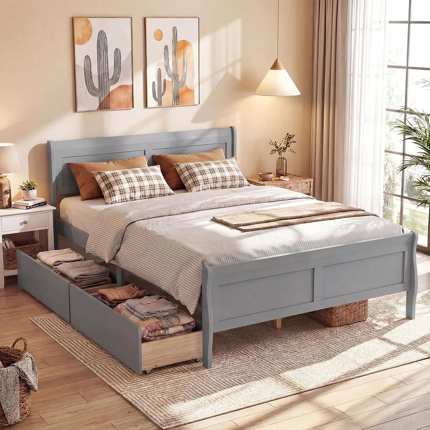 Queen Storage Bed Frame With Wood Headboard Footboard Drawers Slats
