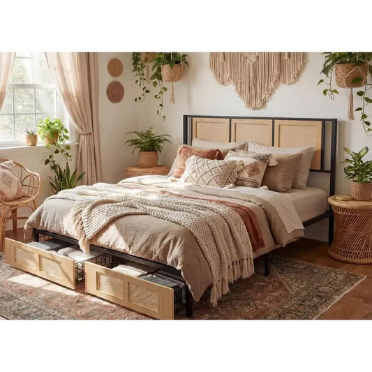 XMSJ Rattan King Bed Frame With Two Storage Drawers