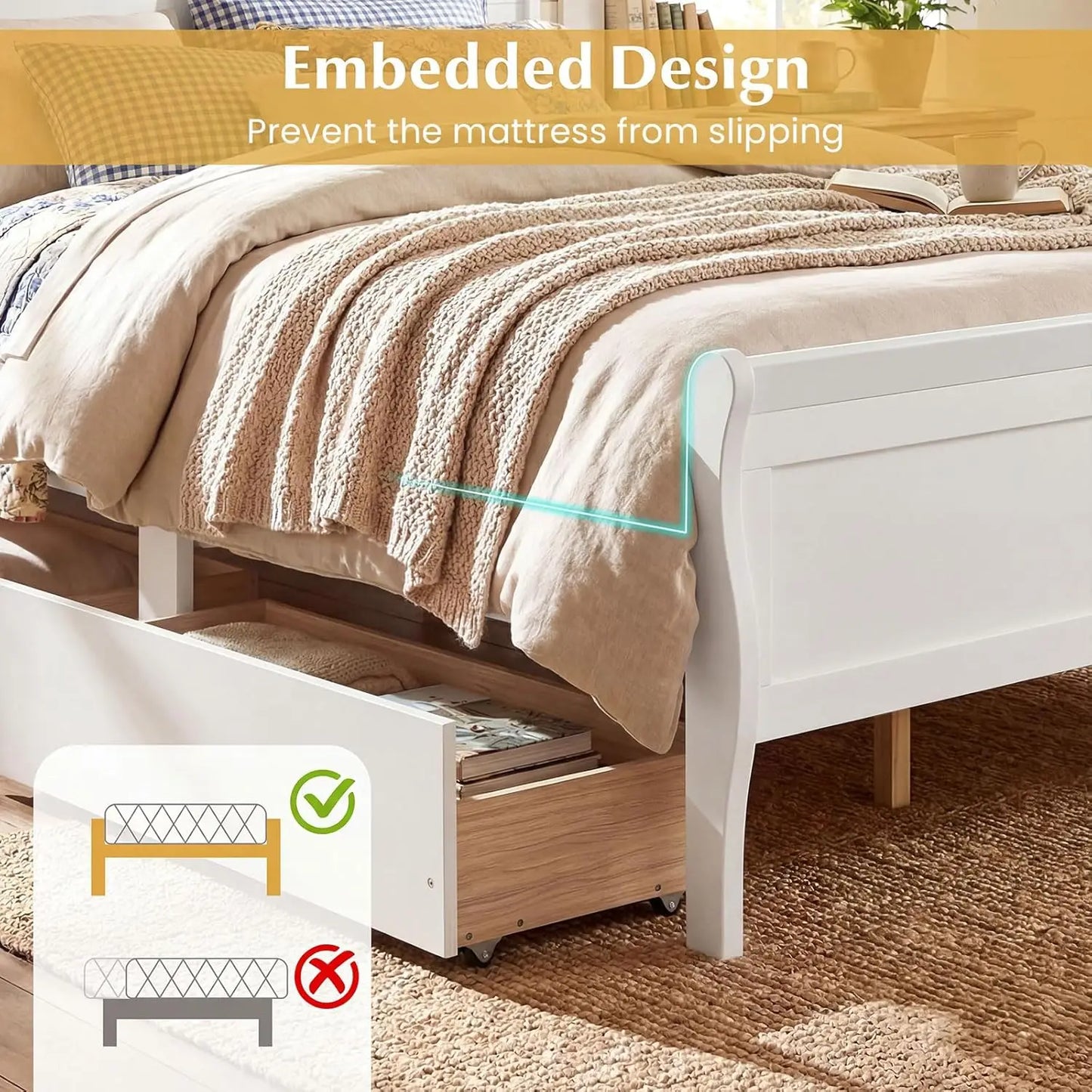 Queen Storage Bed Frame With Wood Headboard Footboard Drawers Slats