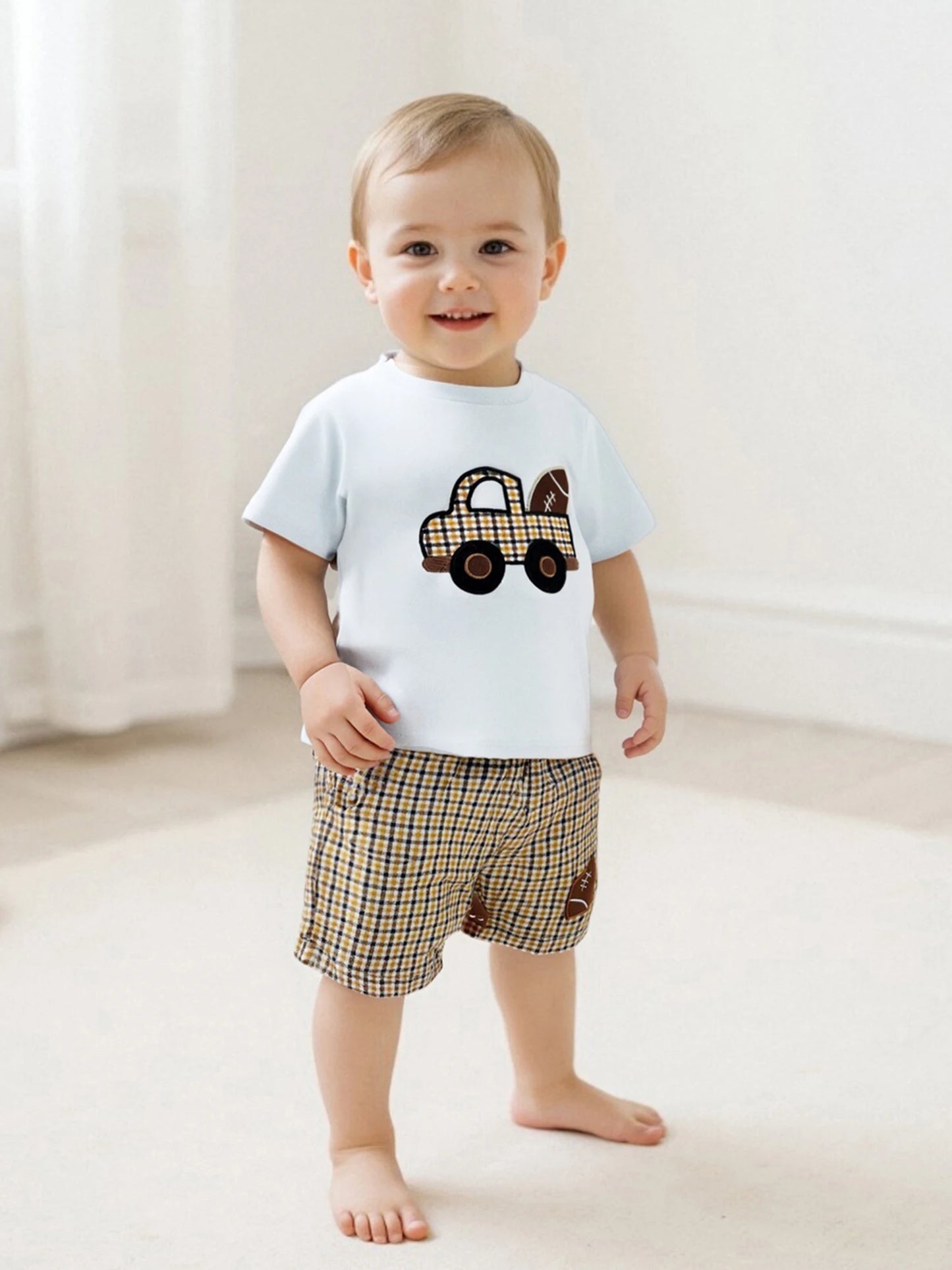 Toddler Boys Summer Set With Car Embroidery Tee And Shorts