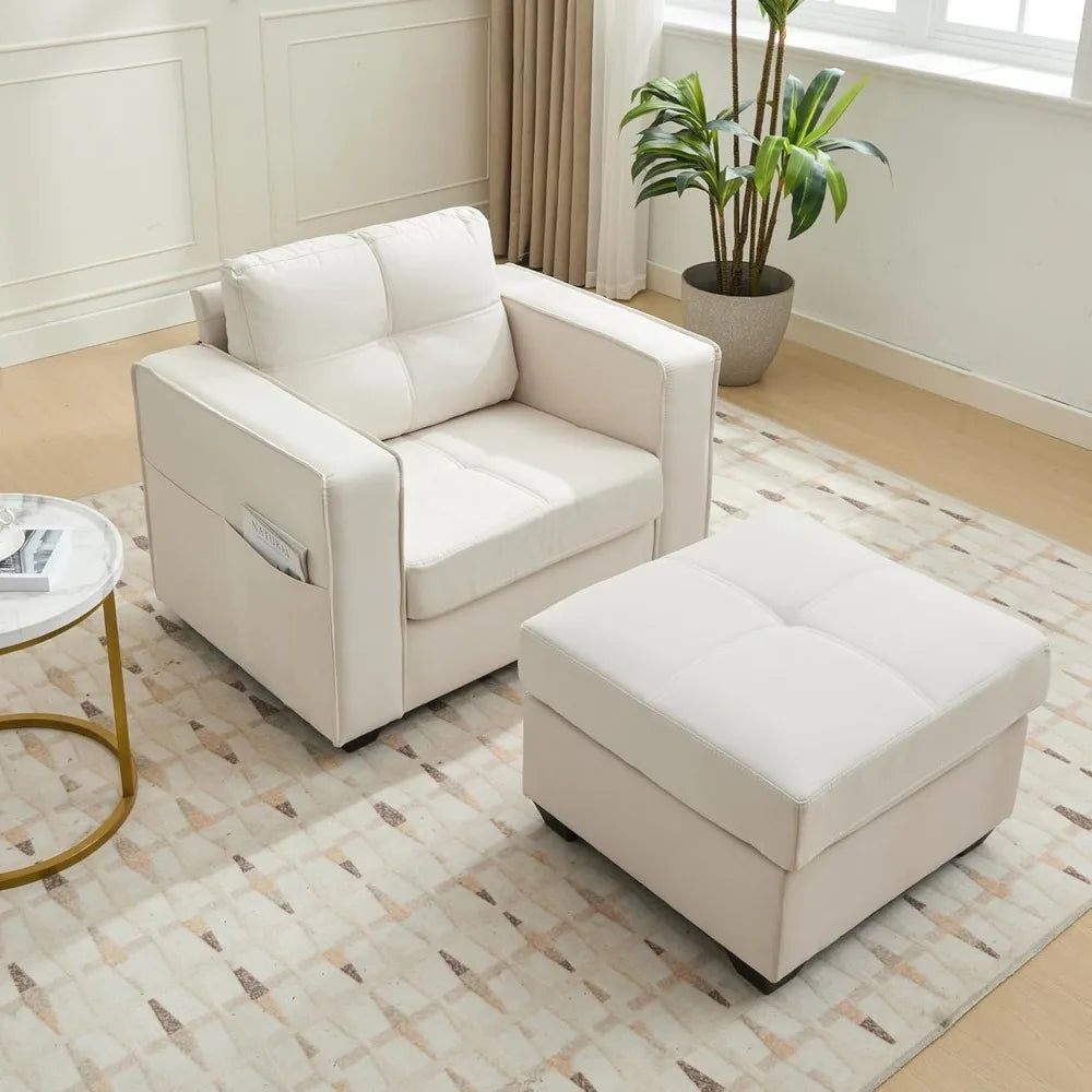 Ticify Linen Lounge Chair With Ottoman And Pockets