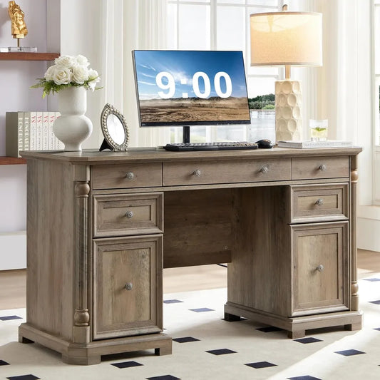RBXC Wood Executive Desk With 7 Drawers Farmhouse Office