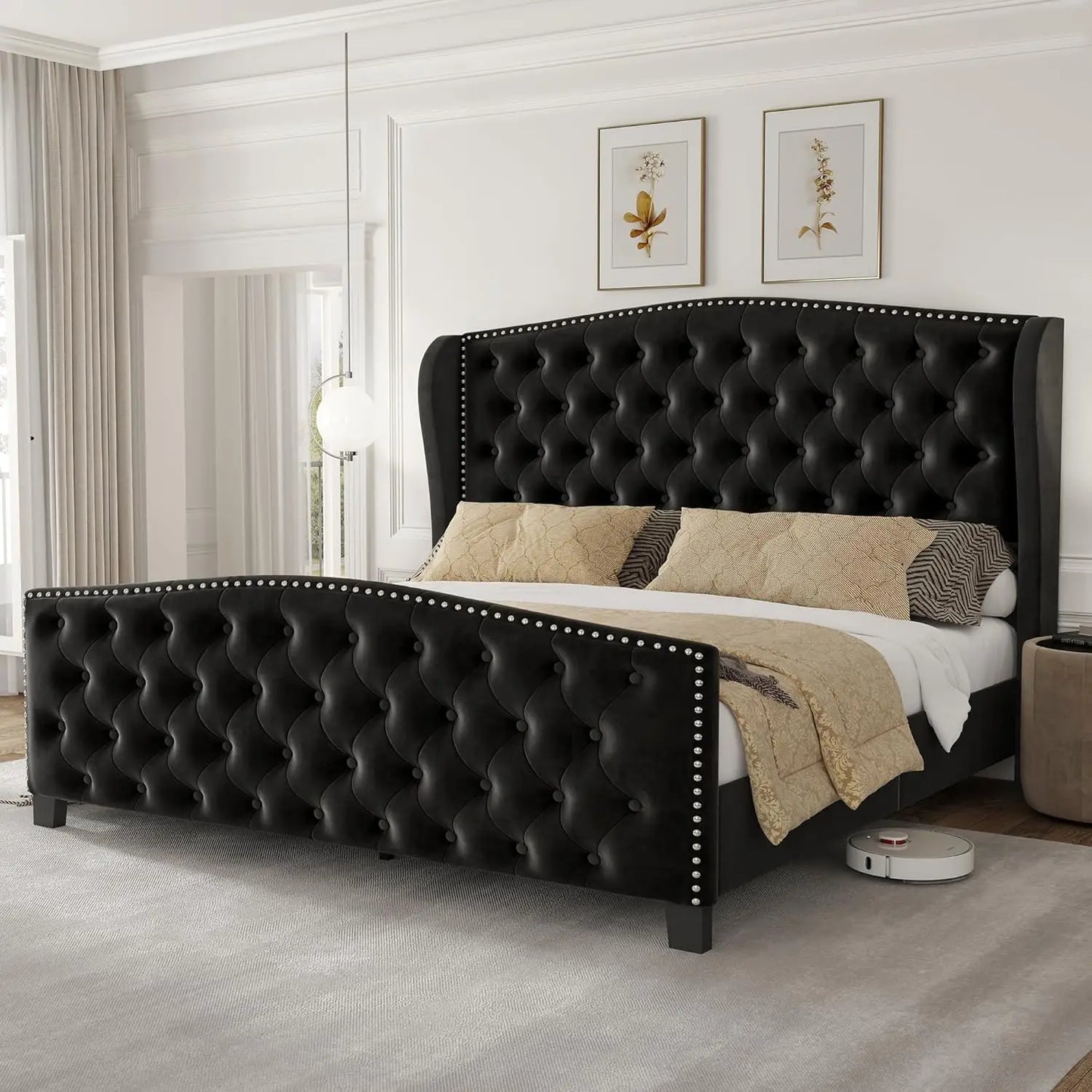 Velvet Platform Bed With Wingback Headboard Tufted Wood Slats